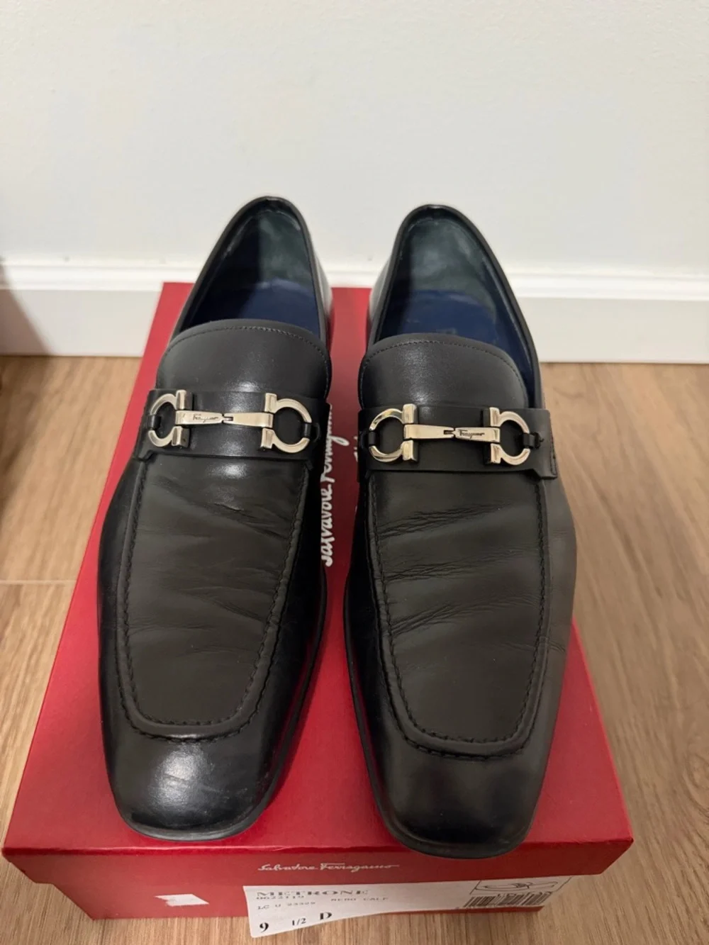 Salvatore Ferragamo Black Leather Slip-On Dress Loafers with Metal Bit